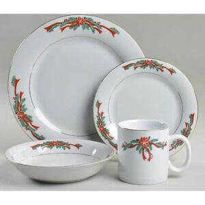 VTG Christmas Poinsettia Ribbons Fine China Service for four Holiday Dinner‎ set